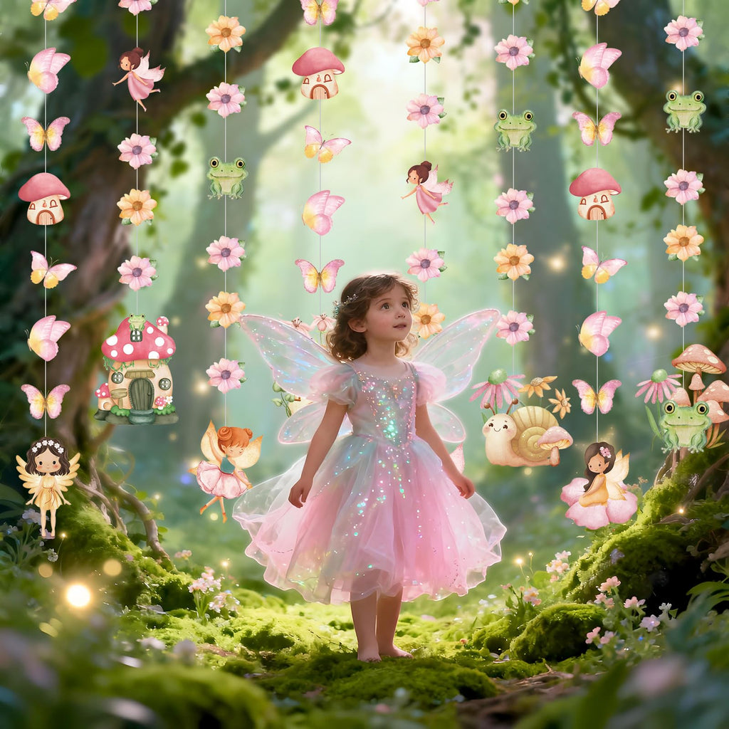 Daifunli 8-Pack Fairy Party Decorations - 45.3 inch Hanging Garlands with Butterfly, Mushroom, & Flower Cutouts