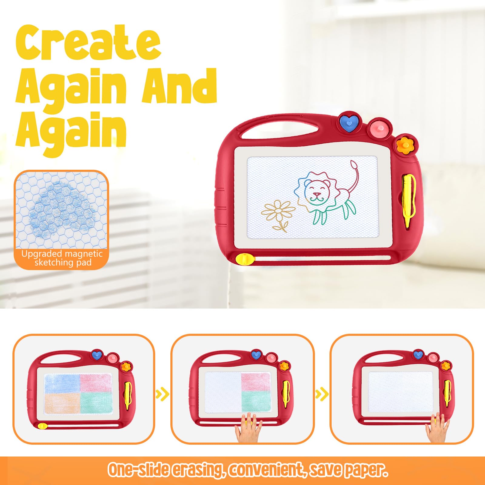 Daisiki Magnetic Drawing Board for Toddlers - 10.5x8 inch Doodle Pad with 3 Stamps and Anti-Lost Pen