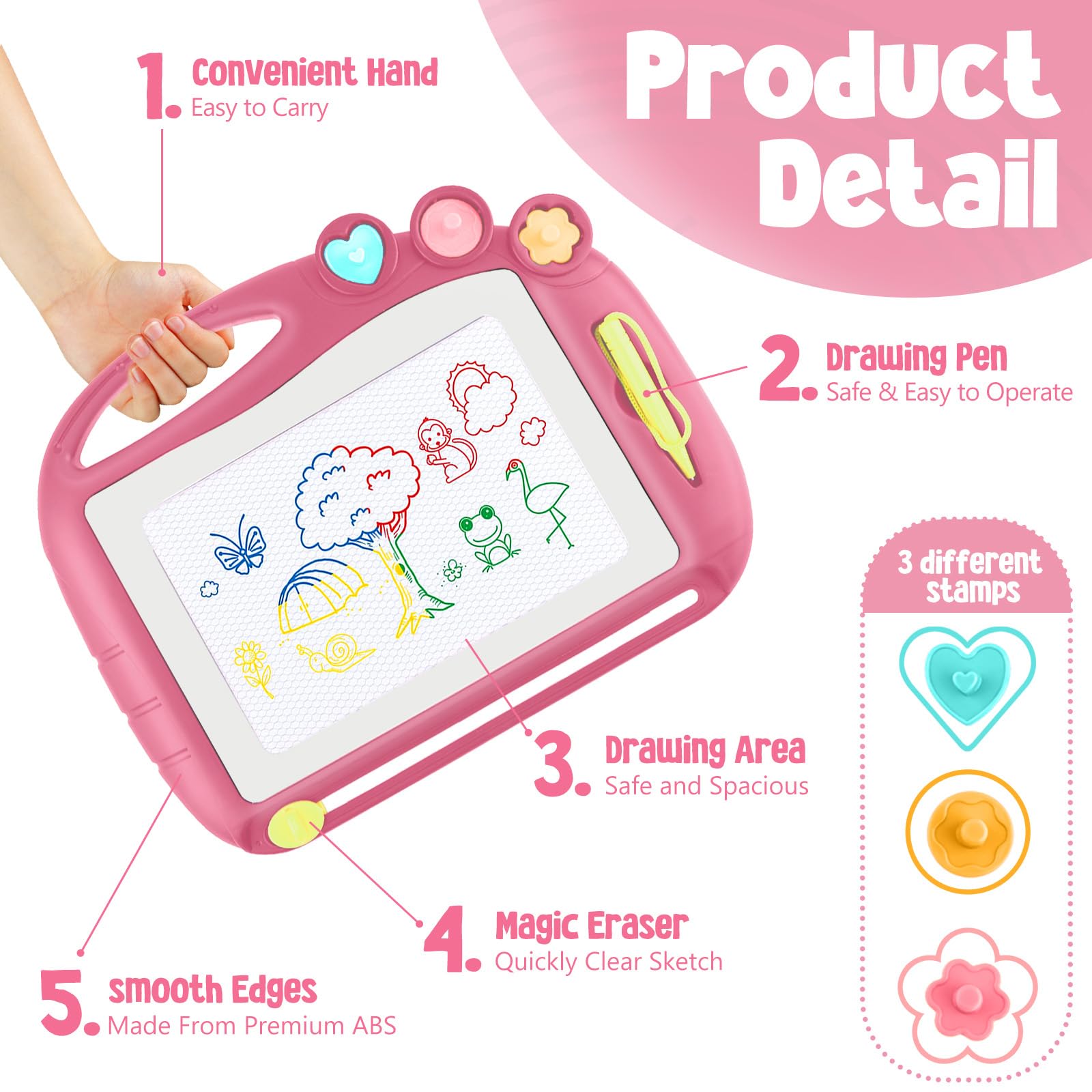 Daisiki Magnetic Drawing Board for Toddlers - Portable, Non-Toxic, BPA-Free Doodle Board with 3 Stamps and Sliding Eraser, Best Gift for 1-3 Year Old Boys Girls