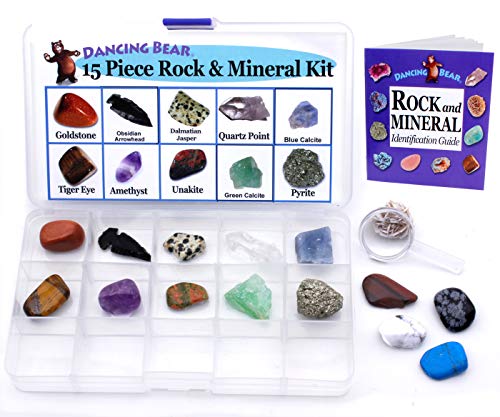 DANCING BEAR Rock and Mineral Collection – 15 Specimens with Display Box, ID Sheet, and Magnifying Glass