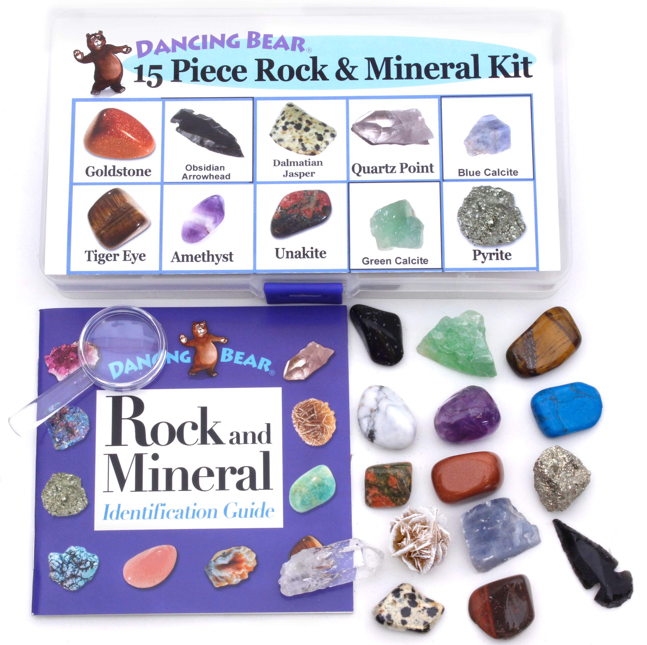 DANCING BEAR Rock and Mineral Collection – 15 Specimens with Display Box, ID Sheet, and Magnifying Glass