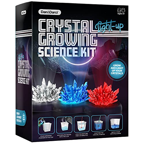 Dan&Darci Light-up Crystal Growing Kit - STEM Science Experiment for Kids Ages 6-12, Grow Red Blue Clear Crystals with LED Display