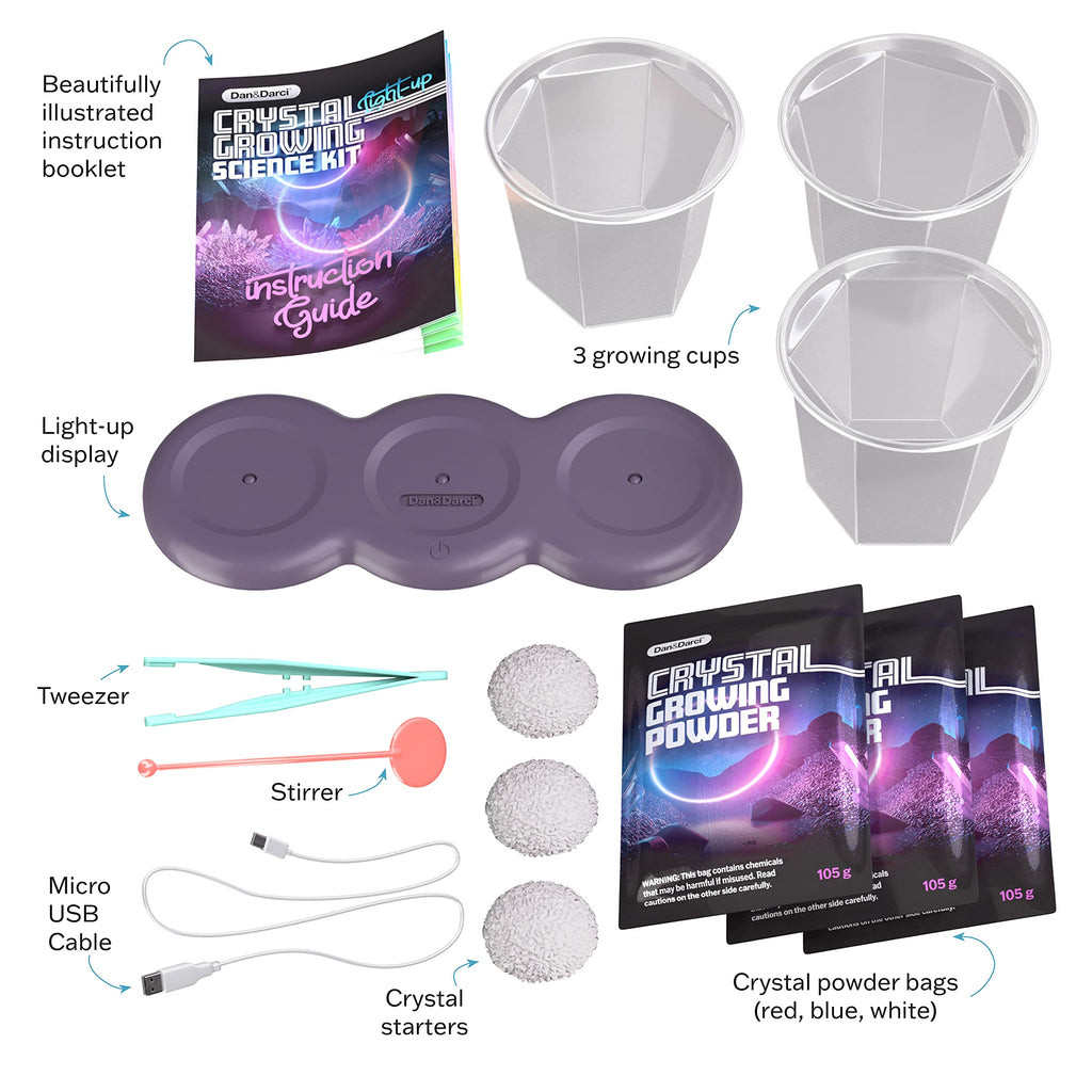 Dan&Darci Light-up Crystal Growing Kit - STEM Science Experiment for Kids Ages 6-12, Grow Red Blue Clear Crystals with LED Display