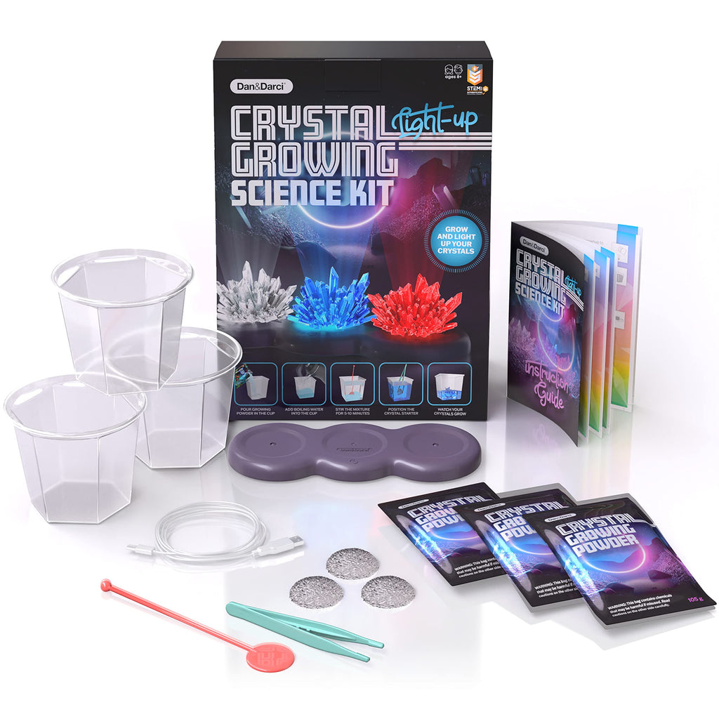 Dan&Darci Light-up Crystal Growing Kit - STEM Science Experiment for Kids Ages 6-12, Grow Red Blue Clear Crystals with LED Display