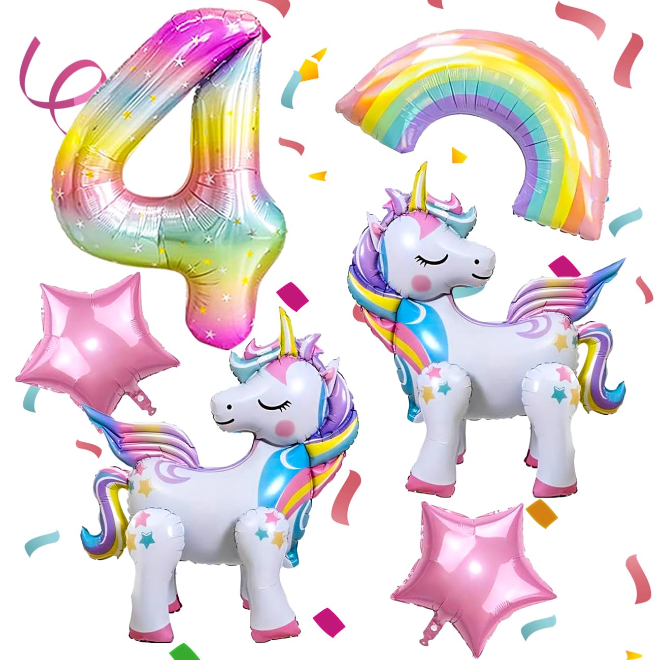 DANIUBE 6-Piece Unicorn Balloon Set – Self-Standing Unicorn, Rainbow, Number 4 & Star Foil Balloons for Girl's 4th Birthday Party Decorations