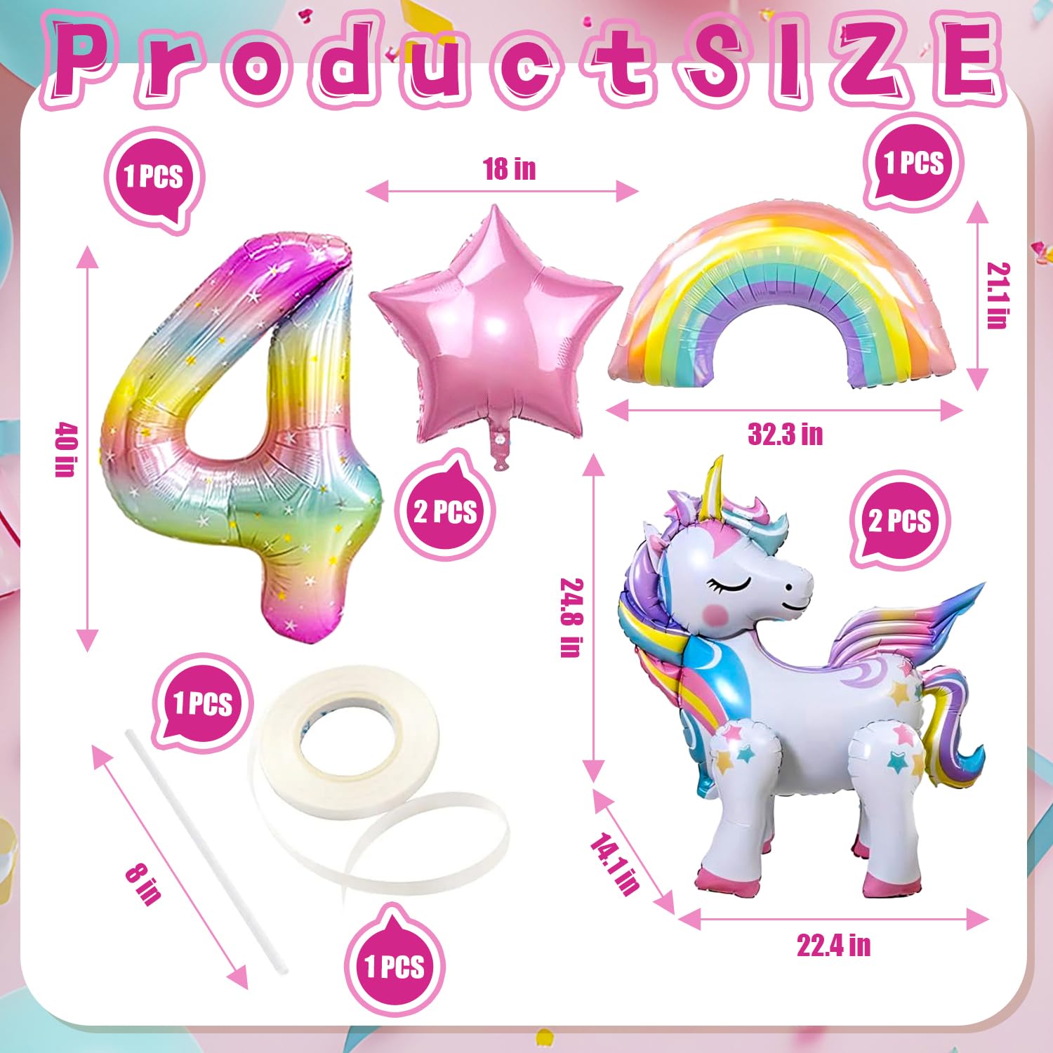 DANIUBE 6-Piece Unicorn Balloon Set – Self-Standing Unicorn, Rainbow, Number 4 & Star Foil Balloons for Girl's 4th Birthday Party Decorations