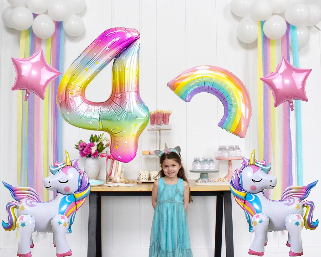 DANIUBE 6-Piece Unicorn Balloon Set – Self-Standing Unicorn, Rainbow, Number 4 & Star Foil Balloons for Girl's 4th Birthday Party Decorations