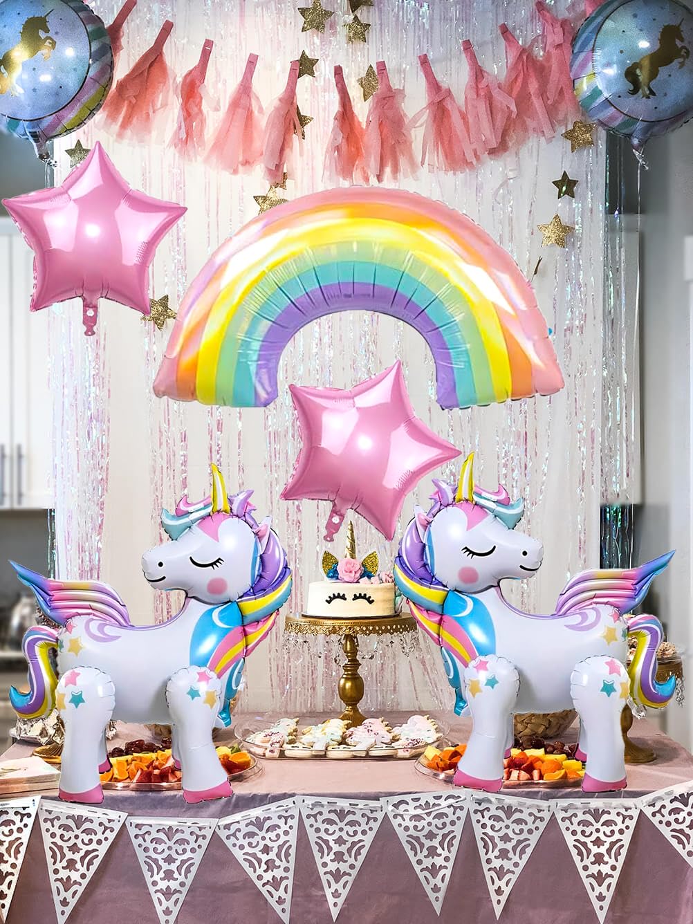 DANIUBE 6-Piece Unicorn Balloon Set – Self-Standing Unicorn, Rainbow, Number 4 & Star Foil Balloons for Girl's 4th Birthday Party Decorations
