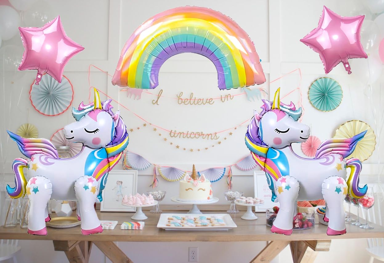 DANIUBE 6-Piece Unicorn Balloon Set – Self-Standing Unicorn, Rainbow, Number 4 & Star Foil Balloons for Girl's 4th Birthday Party Decorations