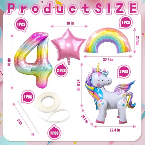 DANIUBE 6-Piece Unicorn Balloon Set – Self-Standing Unicorn, Rainbow, Number 4 & Star Foil Balloons for Girl's 4th Birthday Party Decorations