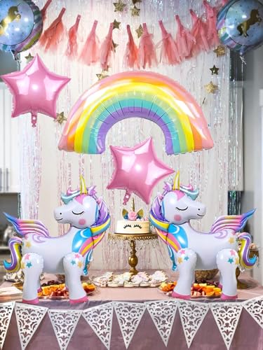 DANIUBE 6-Piece Unicorn Balloon Set – Self-Standing Unicorn, Rainbow, Number 4 & Star Foil Balloons for Girl's 4th Birthday Party Decorations