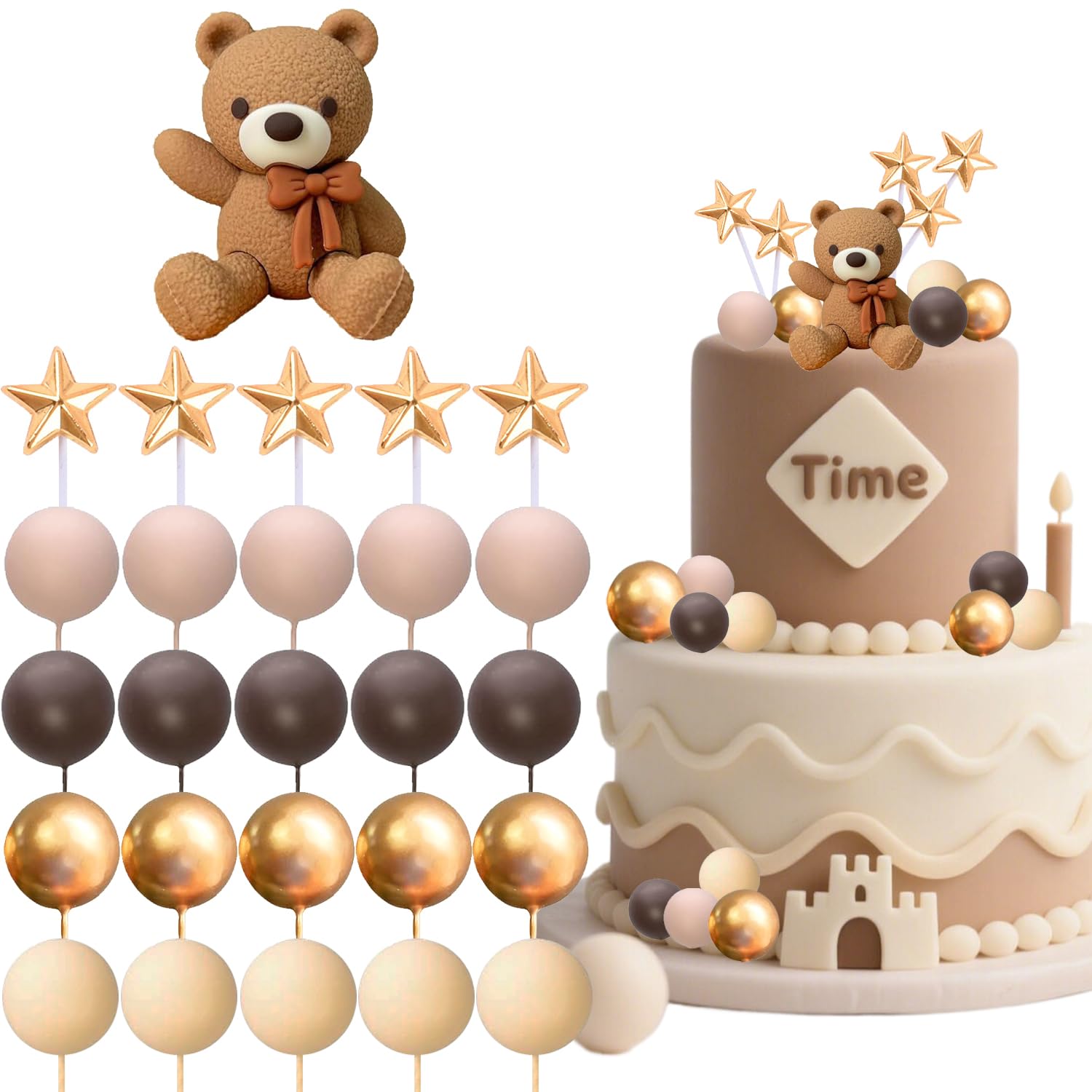 Dark Brown Bear Cake Toppers Set with Stars and Balls - 2-Inch Resin Bears for Birthday and Baby Shower Cakes