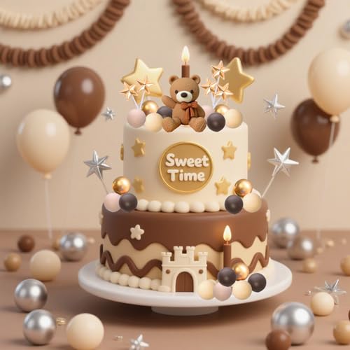 Dark Brown Bear Cake Toppers Set with Stars and Balls - 2-Inch Resin Bears for Birthday and Baby Shower Cakes
