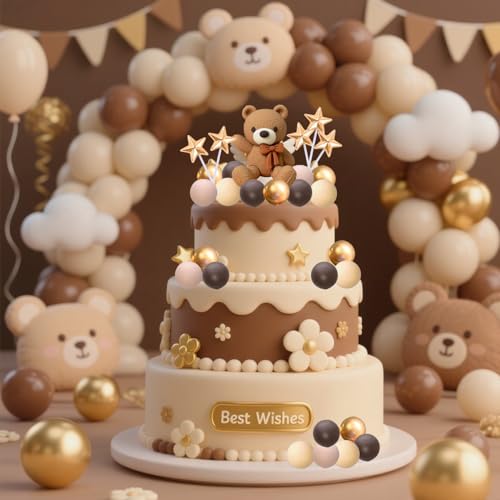 Dark Brown Bear Cake Toppers Set with Stars and Balls - 2-Inch Resin Bears for Birthday and Baby Shower Cakes