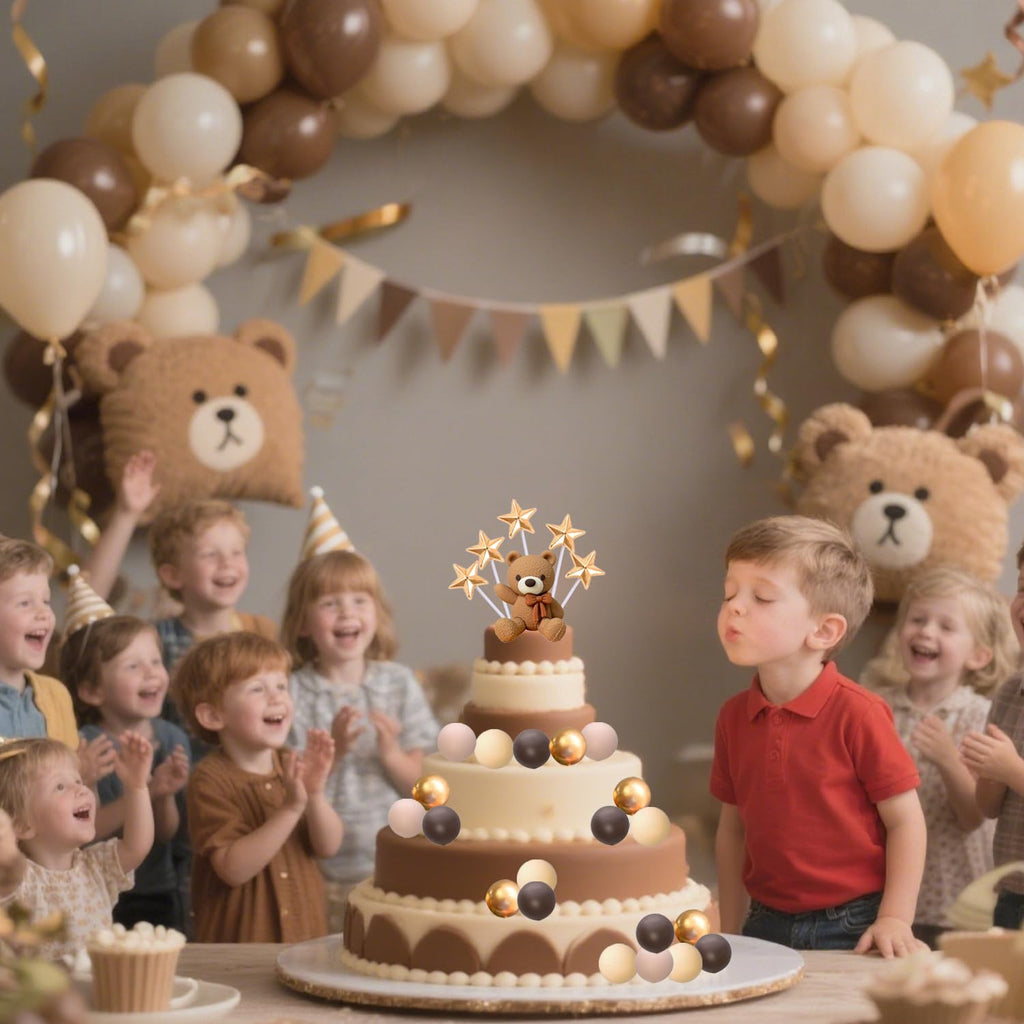 Dark Brown Bear Cake Toppers Set with Stars and Balls - 2-Inch Resin Bears for Birthday and Baby Shower Cakes