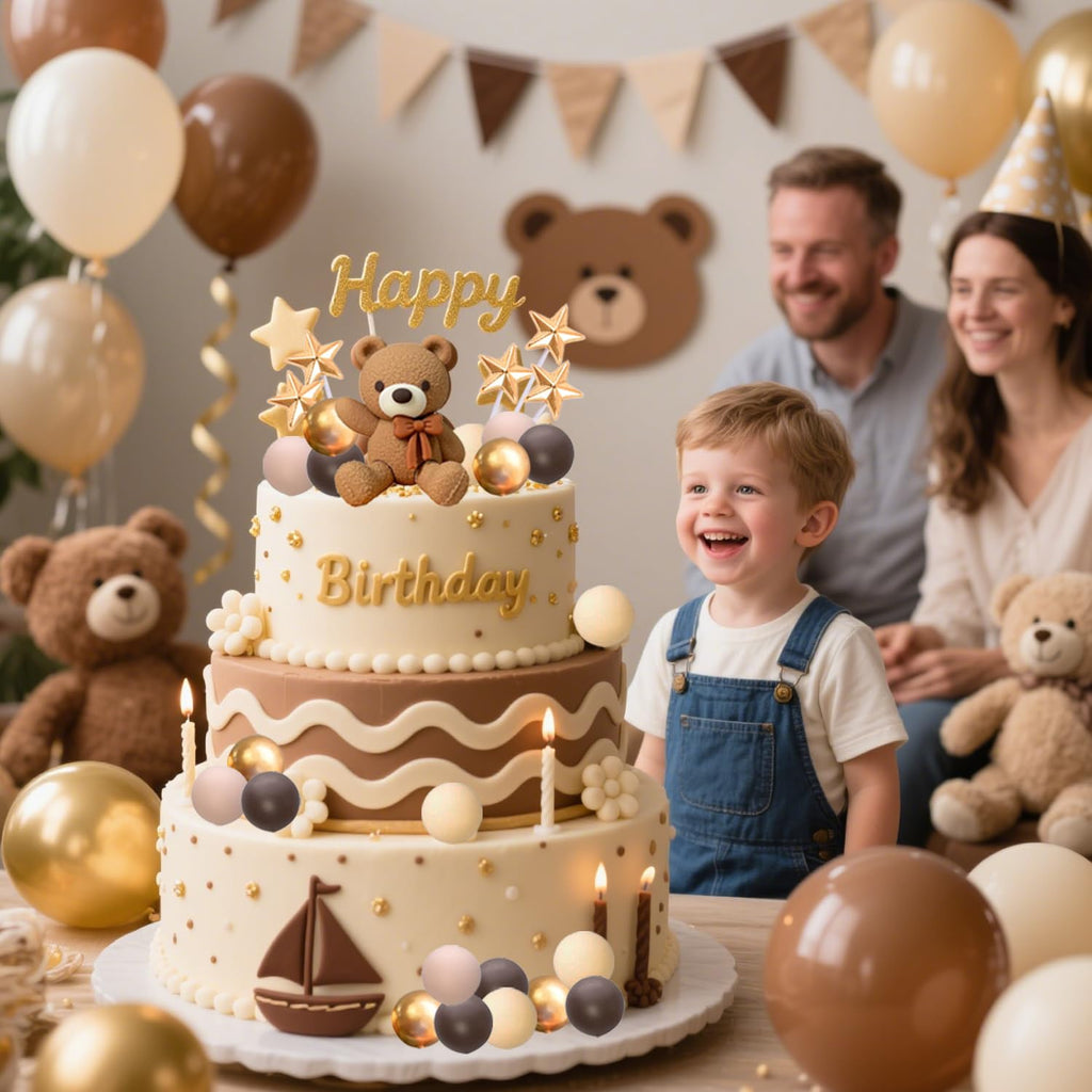 Dark Brown Bear Cake Toppers Set with Stars and Balls - 2-Inch Resin Bears for Birthday and Baby Shower Cakes