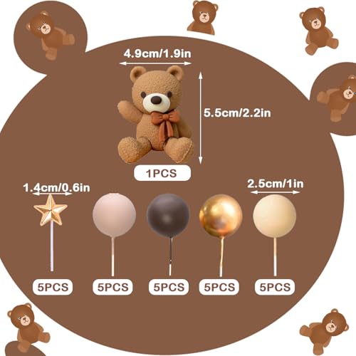 Dark Brown Bear Cake Toppers Set with Stars and Balls - 2-Inch Resin Bears for Birthday and Baby Shower Cakes