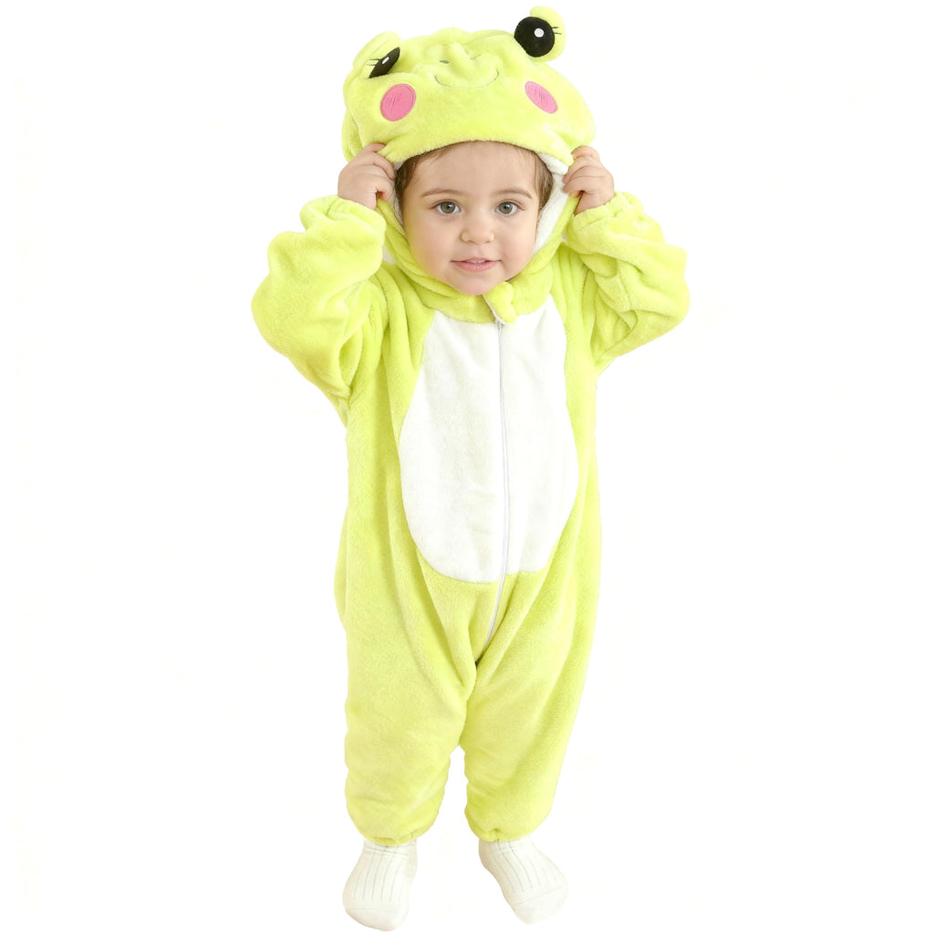 DarkCom Unisex Baby Frog Costume Onesie – Soft Flannel Hooded Romper for Halloween, Christmas & Daily Wear