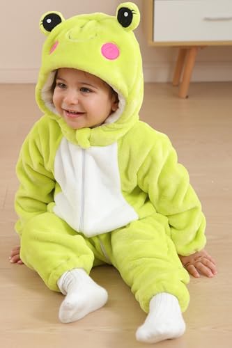 DarkCom Unisex Baby Frog Costume Onesie – Soft Flannel Hooded Romper for Halloween, Christmas & Daily Wear