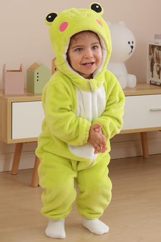 DarkCom Unisex Baby Frog Costume Onesie – Soft Flannel Hooded Romper for Halloween, Christmas & Daily Wear