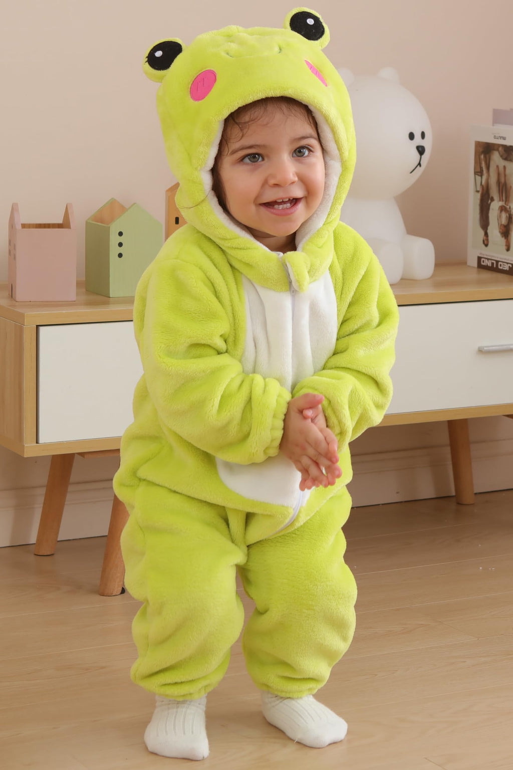 DarkCom Unisex Baby Frog Costume Onesie – Soft Flannel Hooded Romper for Halloween, Christmas & Daily Wear