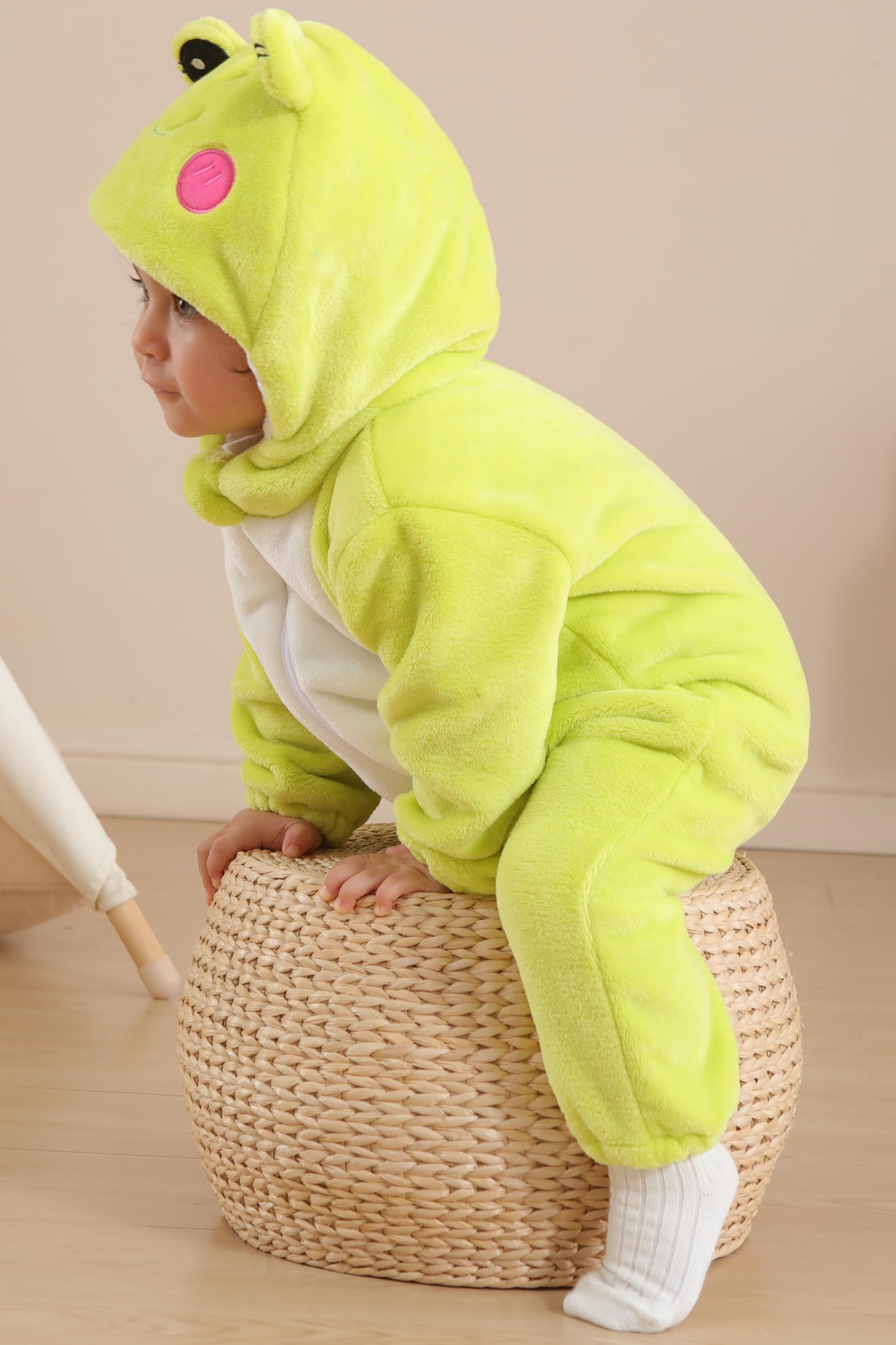DarkCom Unisex Baby Frog Costume Onesie – Soft Flannel Hooded Romper for Halloween, Christmas & Daily Wear
