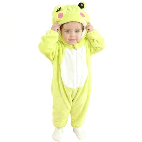 DarkCom Unisex Baby Frog Costume Onesie – Soft Flannel Hooded Romper for Halloween, Christmas & Daily Wear
