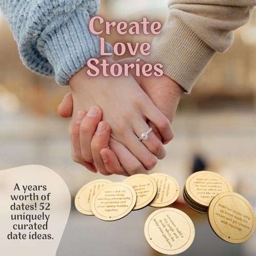 Date Night Box Game - 52 Romantic Ideas + Personalized Dates & Decision Maker Coin - Wooden Anniversary Gift for Couples