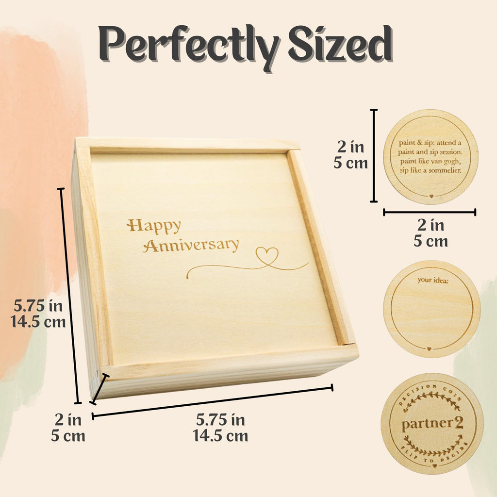 Date Night Box Game - 52 Romantic Ideas + Personalized Dates & Decision Maker Coin - Wooden Anniversary Gift for Couples