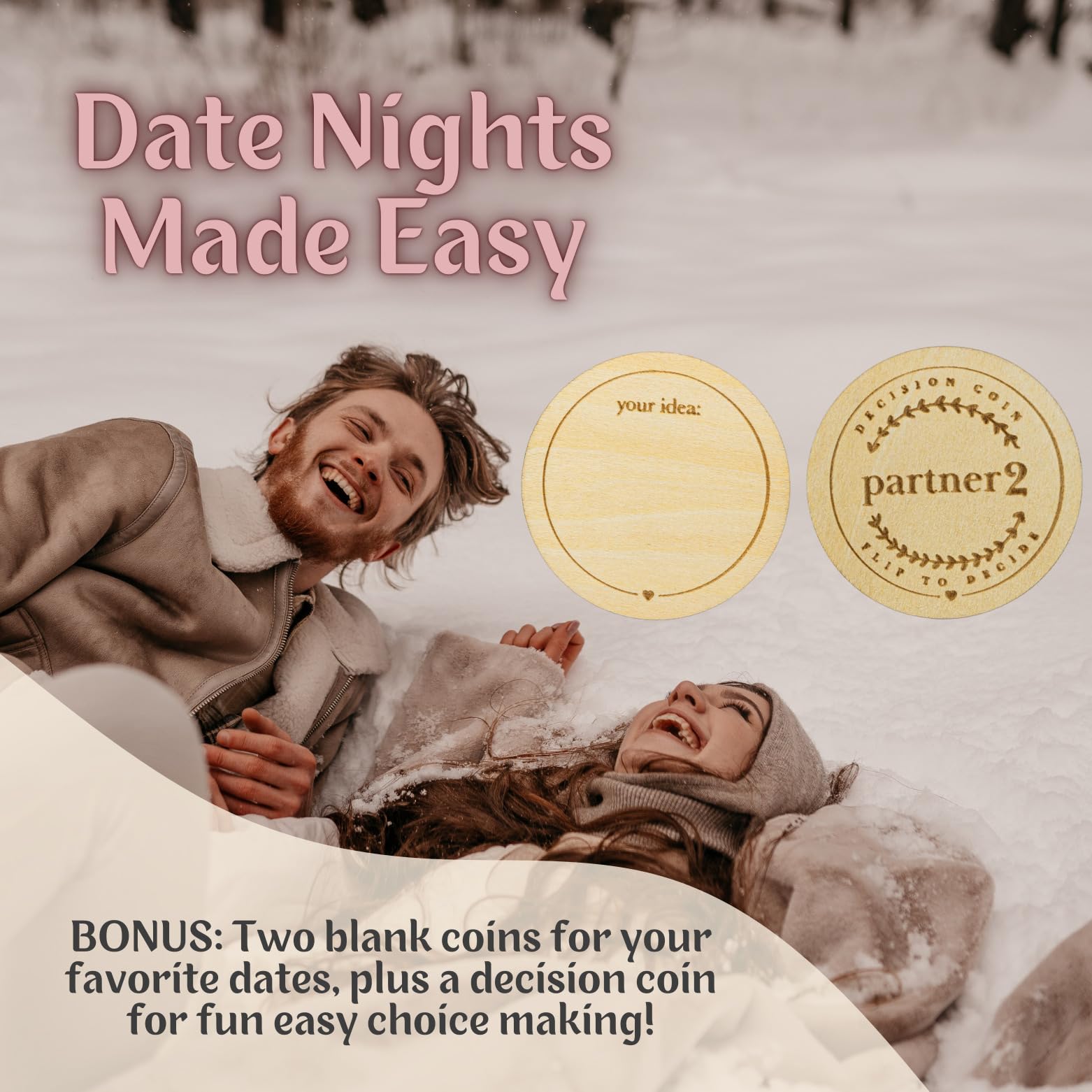 Date Night Box Game - 52 Romantic Ideas + Personalized Dates & Decision Maker Coin - Wooden Anniversary Gift for Couples