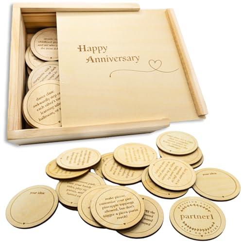 Date Night Box Game - 52 Romantic Ideas + Personalized Dates & Decision Maker Coin - Wooden Anniversary Gift for Couples