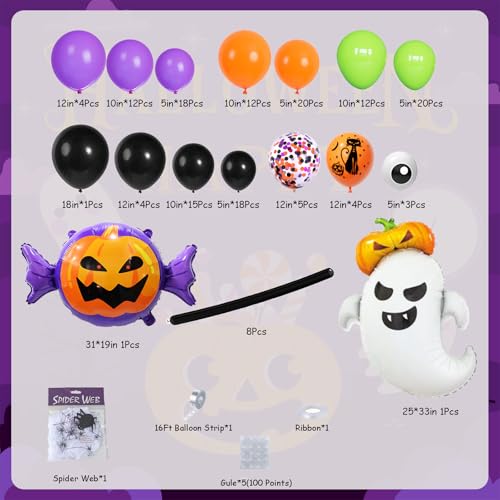 DBKL 159-Piece Halloween Balloon Garland Arch Kit – Ghost Pumpkin Foil, Confetti & Latex Balloons for Party Decor