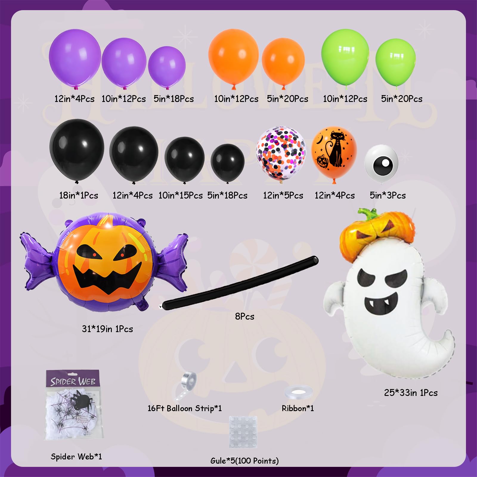 DBKL 159-Piece Halloween Balloon Garland Arch Kit – Ghost Pumpkin Foil, Confetti & Latex Balloons for Party Decor