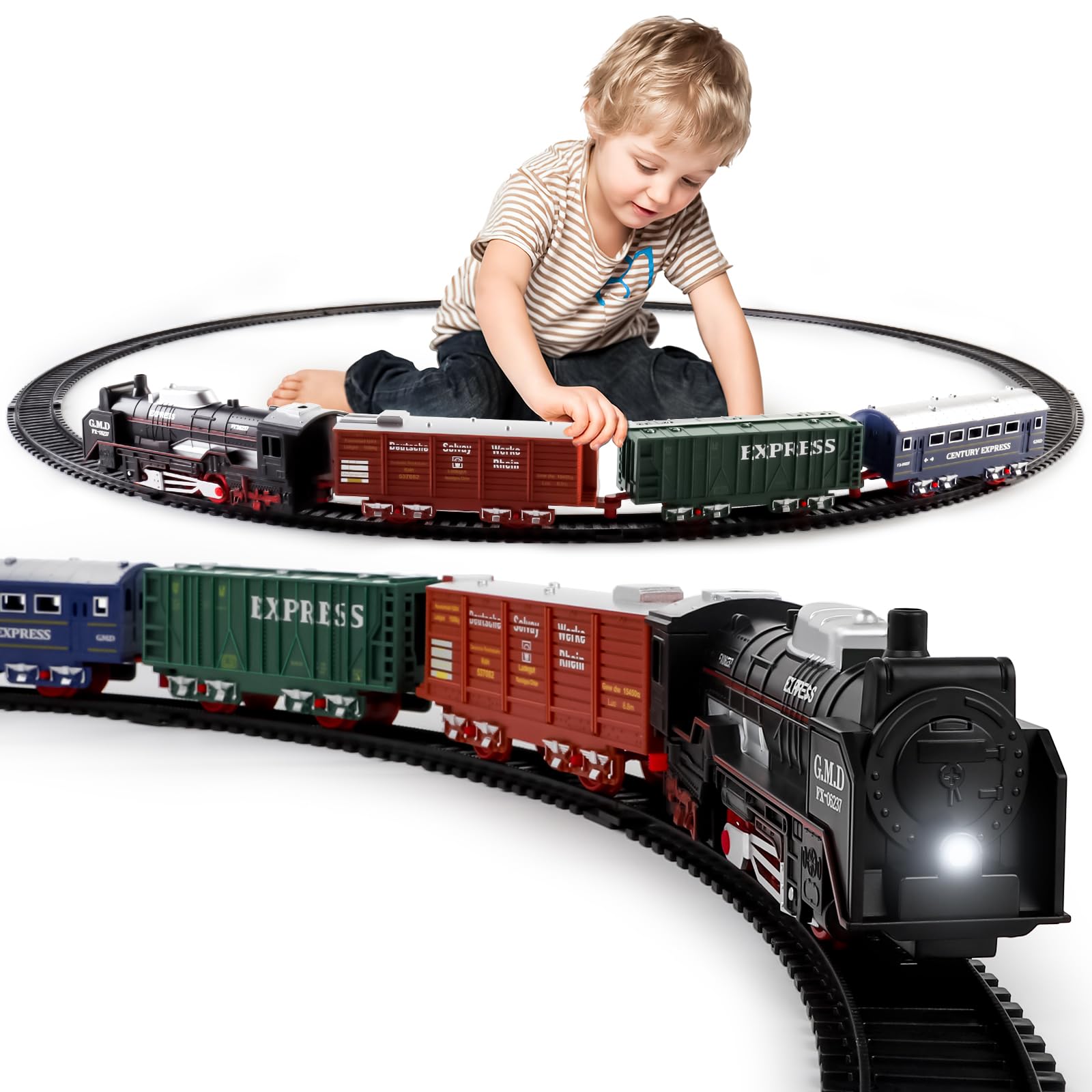 deAO Christmas Train Set – Battery Powered Railway with Cars, Trees, and Road Signs for Kids Ages 3-8