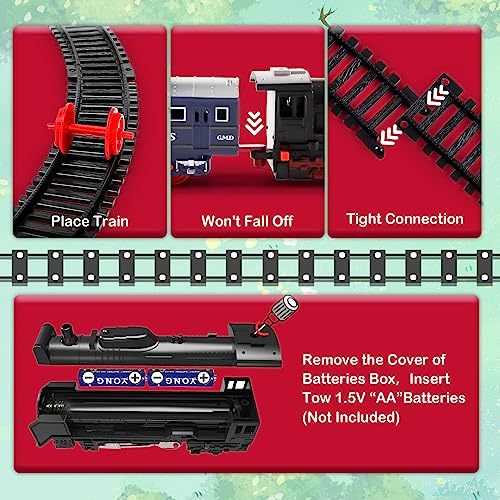 deAO Christmas Train Set – Battery Powered Railway with Cars, Trees, and Road Signs for Kids Ages 3-8