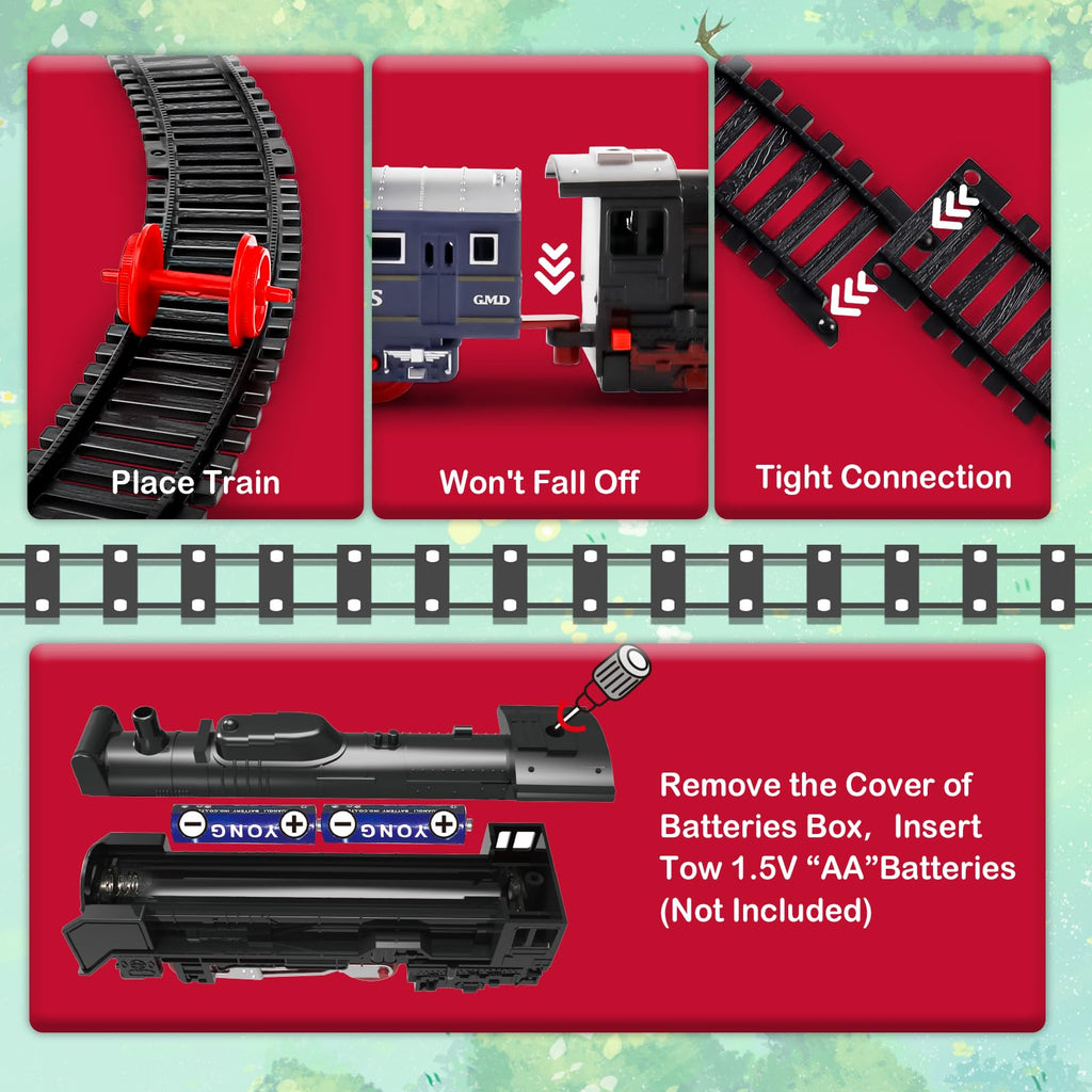 deAO Christmas Train Set – Battery Powered Railway with Cars, Trees, and Road Signs for Kids Ages 3-8