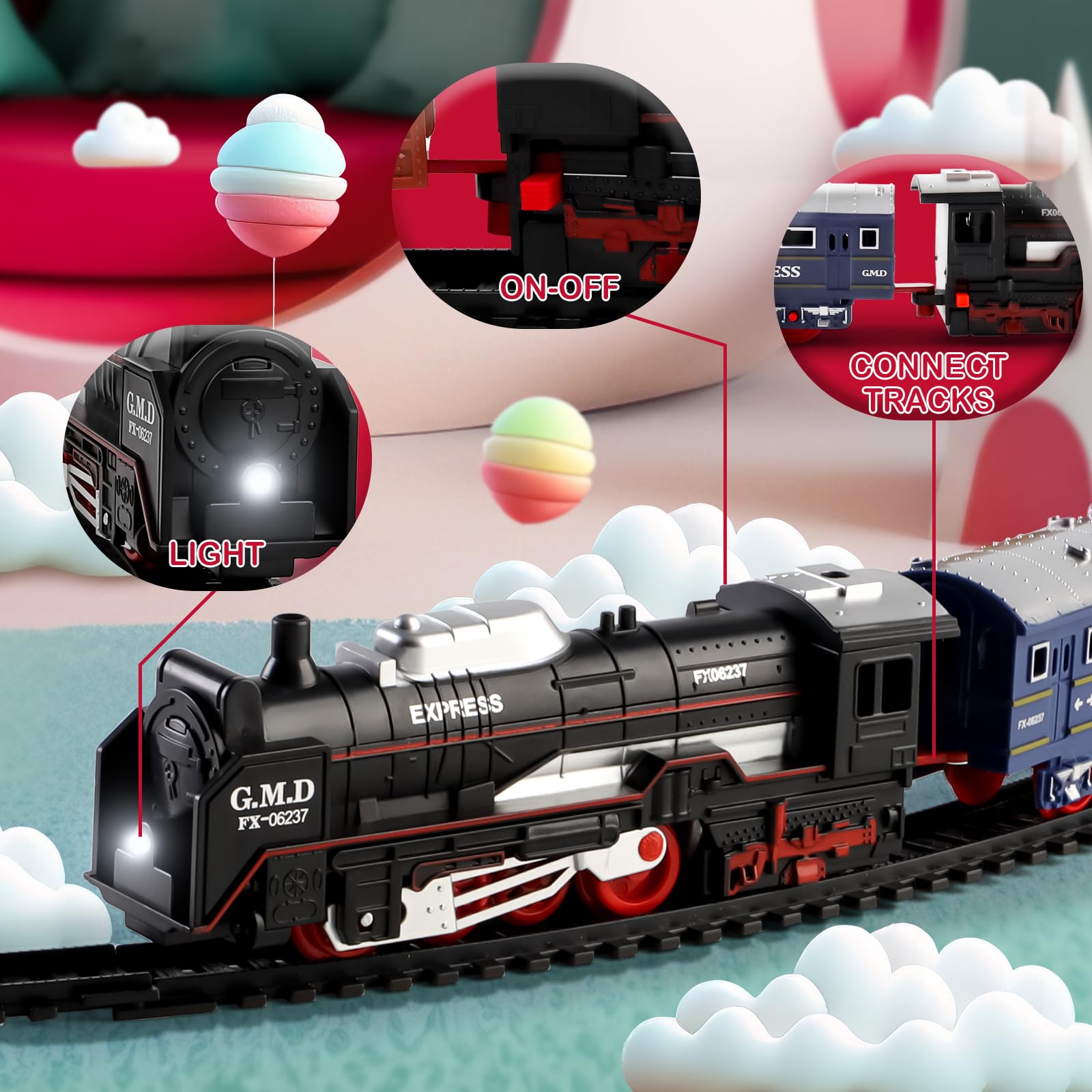 deAO Christmas Train Set – Battery Powered Railway with Cars, Trees, and Road Signs for Kids Ages 3-8