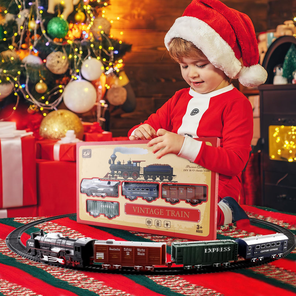 deAO Christmas Train Set – Battery Powered Railway with Cars, Trees, and Road Signs for Kids Ages 3-8
