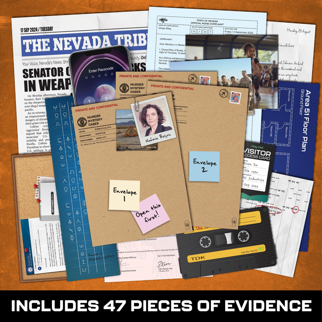 Death at Area 51 – Cold Case Murder Mystery Game for Adults with 47 Evidence Pieces