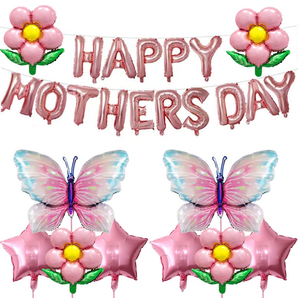 DECGOL Mother's Day Balloon Set – 16" Banner, 18" Stars, Sunflowers & Butterfly Balloons with Ribbon