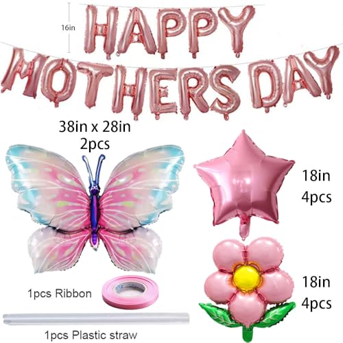 DECGOL Mother's Day Balloon Set – 16" Banner, 18" Stars, Sunflowers & Butterfly Balloons with Ribbon