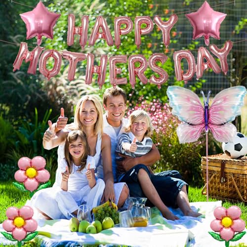 DECGOL Mother's Day Balloon Set – 16" Banner, 18" Stars, Sunflowers & Butterfly Balloons with Ribbon