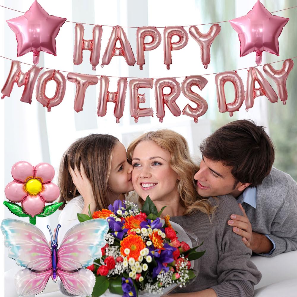 DECGOL Mother's Day Balloon Set – 16" Banner, 18" Stars, Sunflowers & Butterfly Balloons with Ribbon