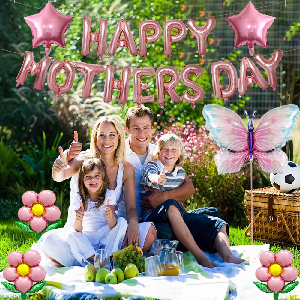 DECGOL Mother's Day Balloon Set – 16" Banner, 18" Stars, Sunflowers & Butterfly Balloons with Ribbon