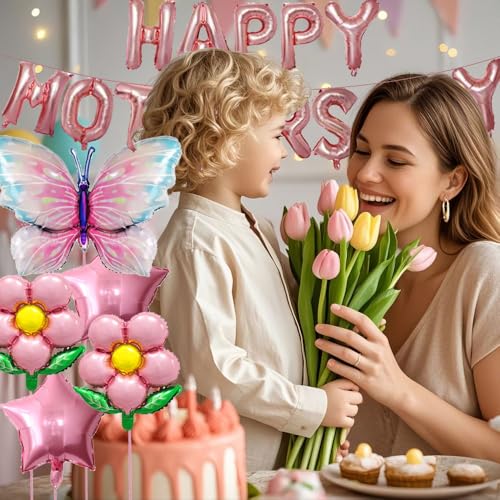 DECGOL Mother's Day Balloon Set – 16" Banner, 18" Stars, Sunflowers & Butterfly Balloons with Ribbon