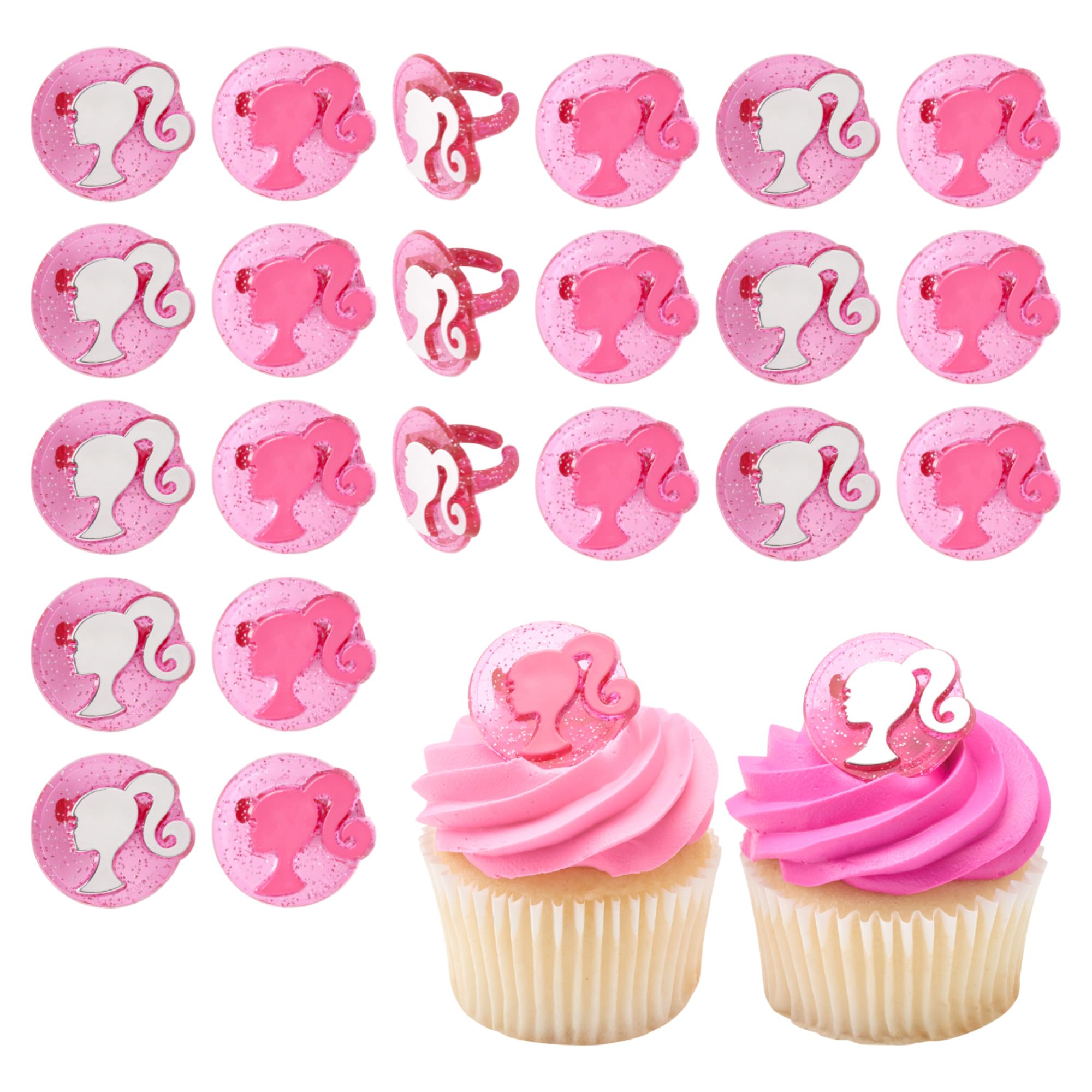 DecoPac Barbie Silhouette Cupcake Rings - 24 Pack of Pink Glitter Cake Toppers for Birthdays and Parties