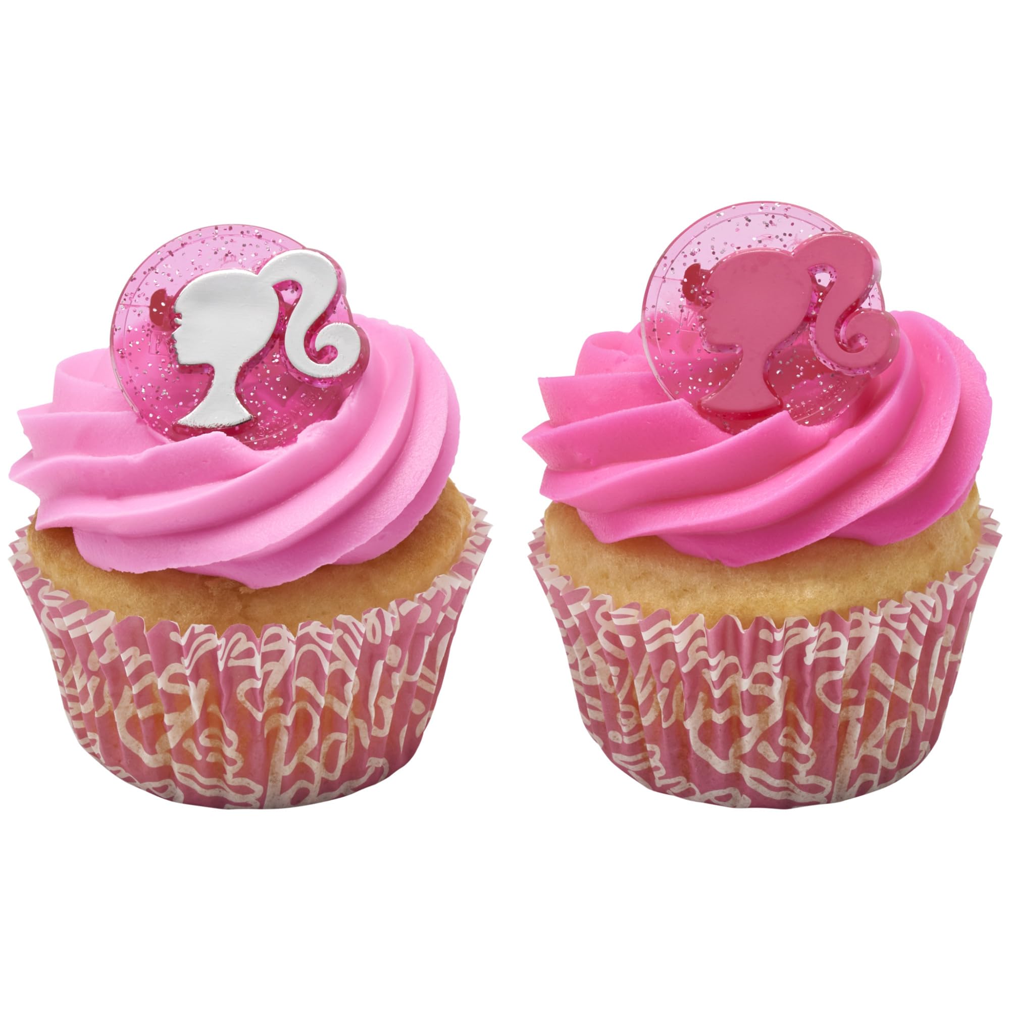 DecoPac Barbie Silhouette Cupcake Rings - 24 Pack of Pink Glitter Cake Toppers for Birthdays and Parties