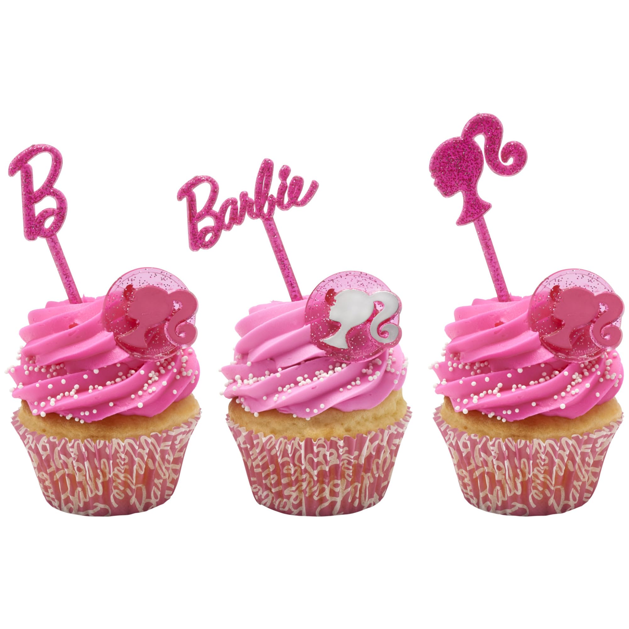 DecoPac Barbie Silhouette Cupcake Rings - 24 Pack of Pink Glitter Cake Toppers for Birthdays and Parties