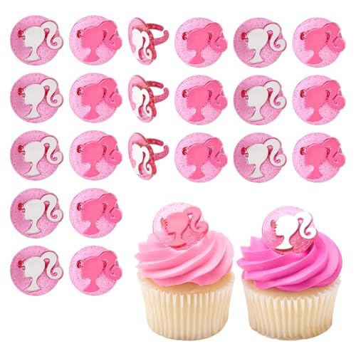 DecoPac Barbie Silhouette Cupcake Rings - 24 Pack of Pink Glitter Cake Toppers for Birthdays and Parties