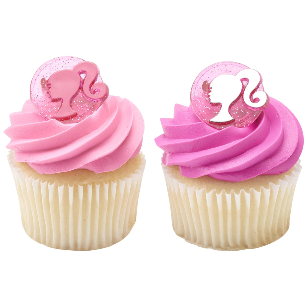 DecoPac Barbie Silhouette Cupcake Rings - 24 Pack of Pink Glitter Cake Toppers for Birthdays and Parties